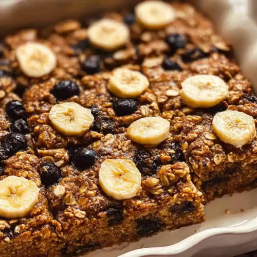 Baked oatmeal with blueberries and banana slices in a white ceramic dish, ready to serve.