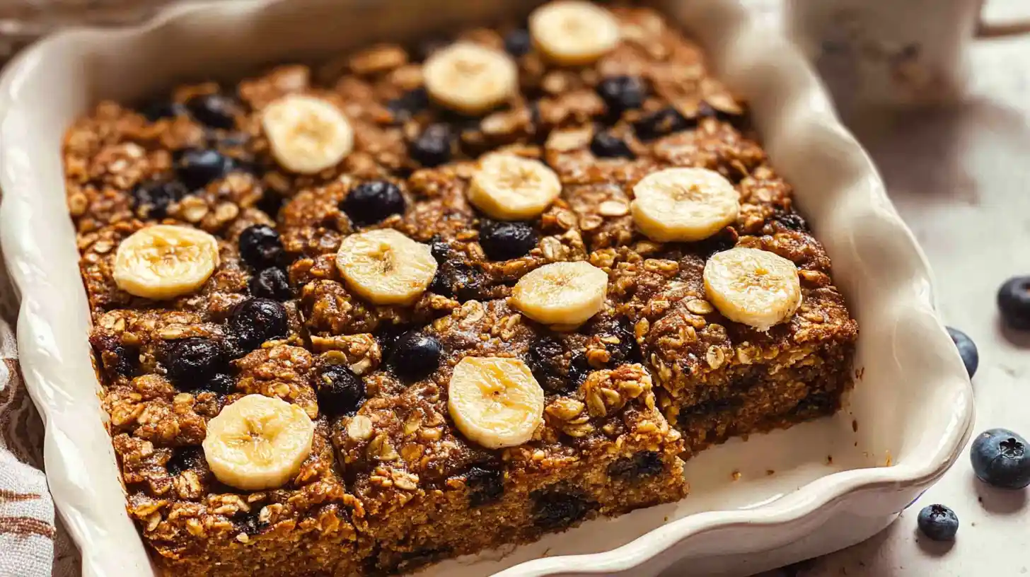 Baked oatmeal with blueberries and banana slices in a white ceramic dish, ready to serve.