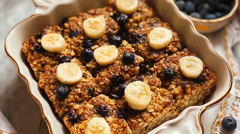 A close-up of baked oatmeal topped with fresh blueberries and banana slices in a white baking dish.