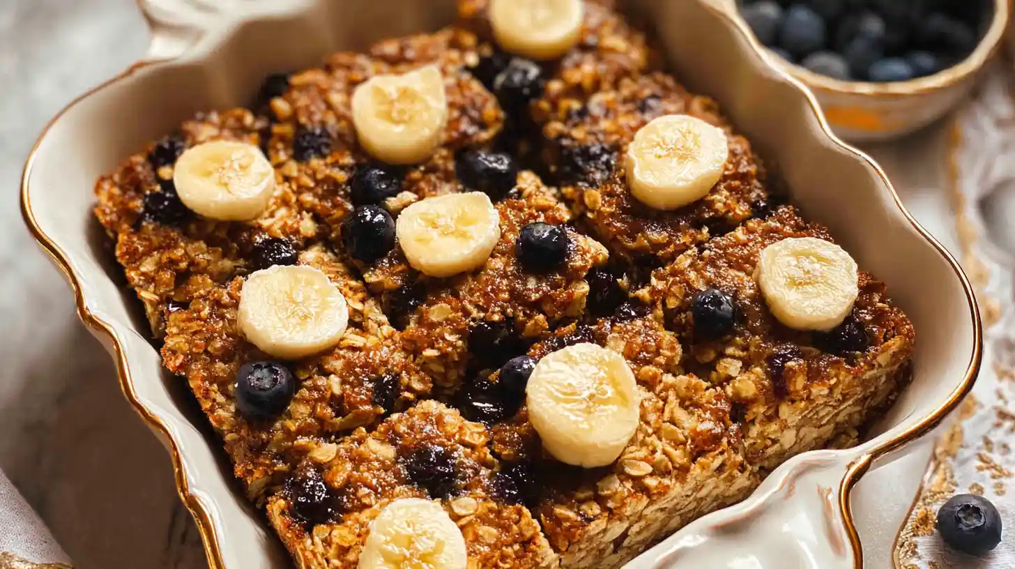 A close-up of baked oatmeal topped with fresh blueberries and banana slices in a white baking dish.