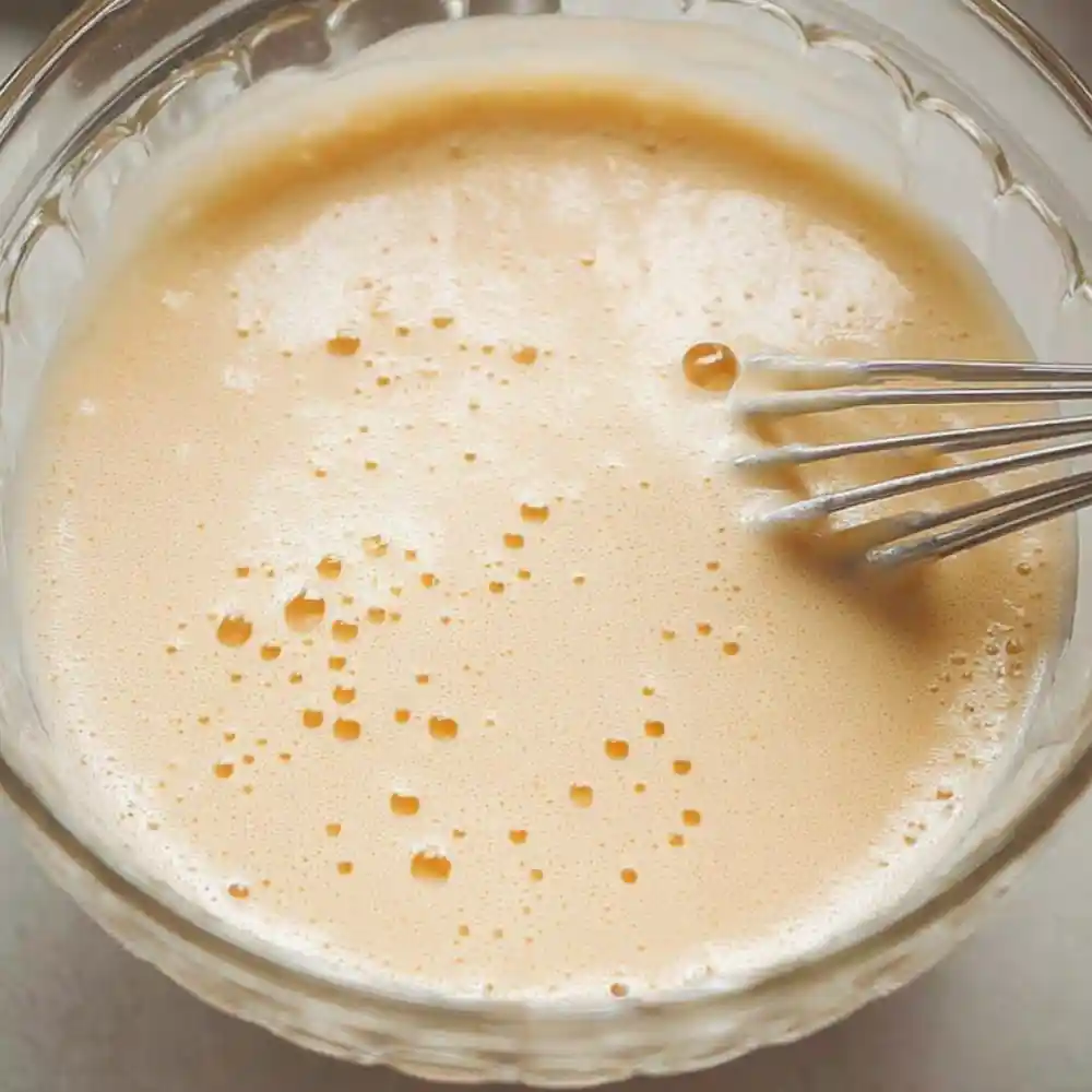 Whisked wet ingredients including milk, egg, honey, and vanilla in a glass bowl.
