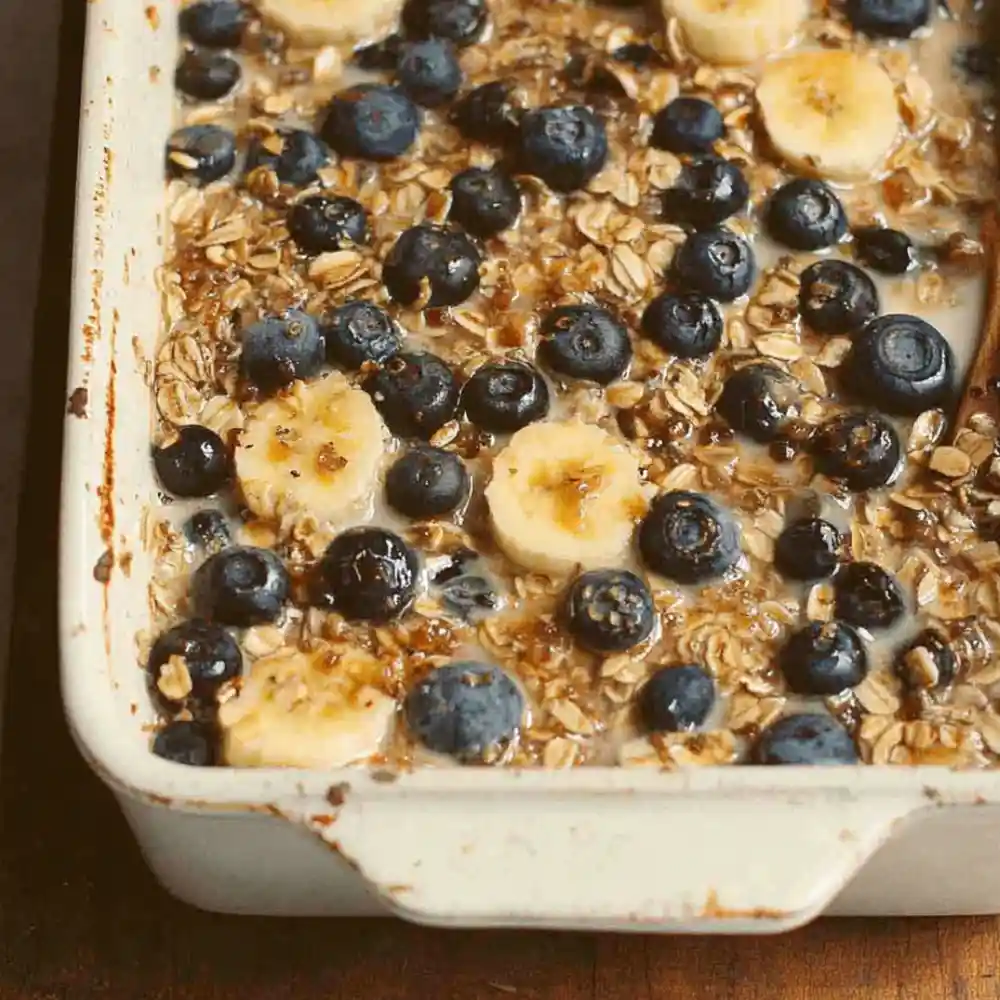 Unbaked oatmeal mixture with blueberries and banana slices in a ceramic baking dish.