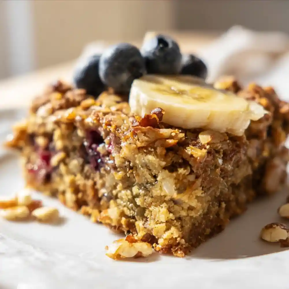 A close-up slice of baked oatmeal topped with banana and blueberries on a white plate.