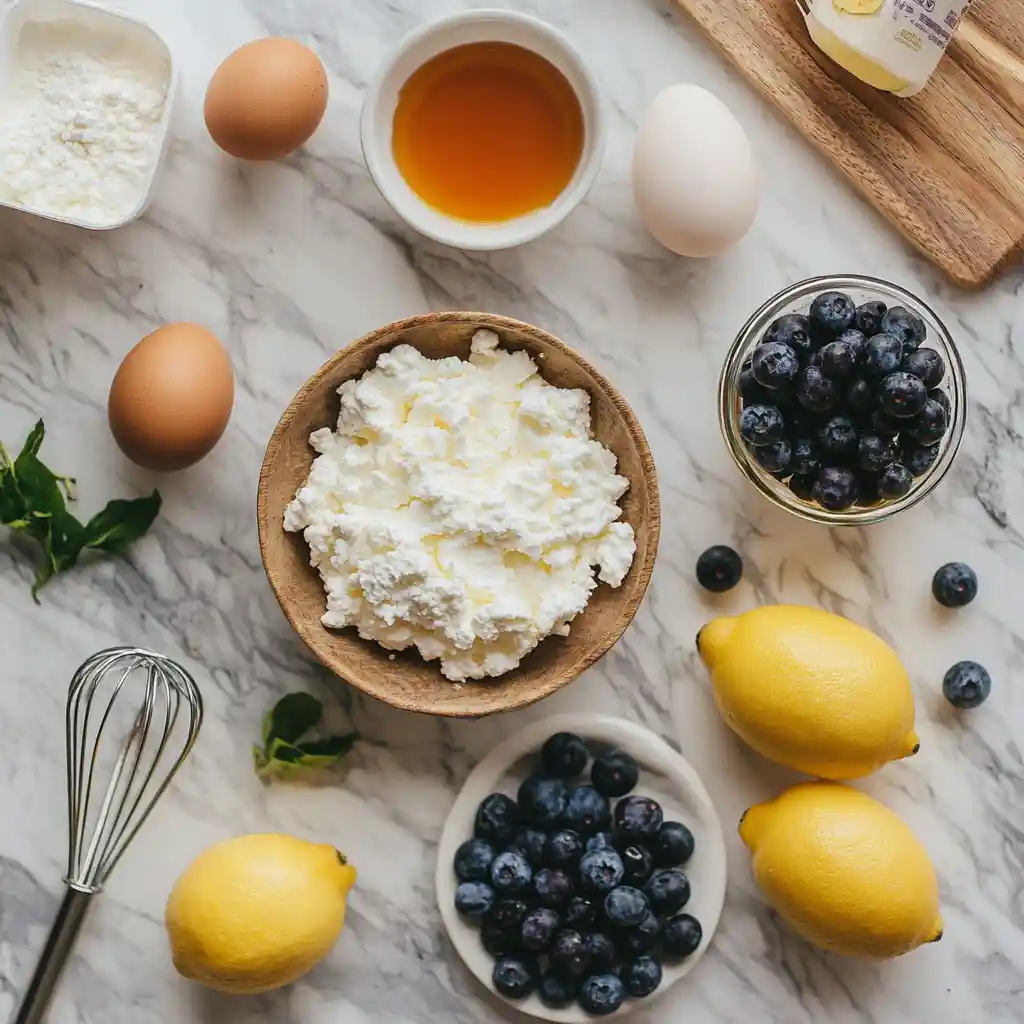 Flat lay of ingredients for blueberry cottage cheese cloud bread including eggs, blueberries, lemons, and cottage cheese
