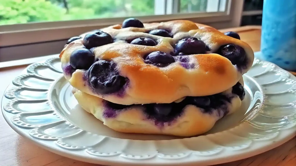 Two blueberry cottage cheese cloud breads stacked on a white decorative plate by the window.