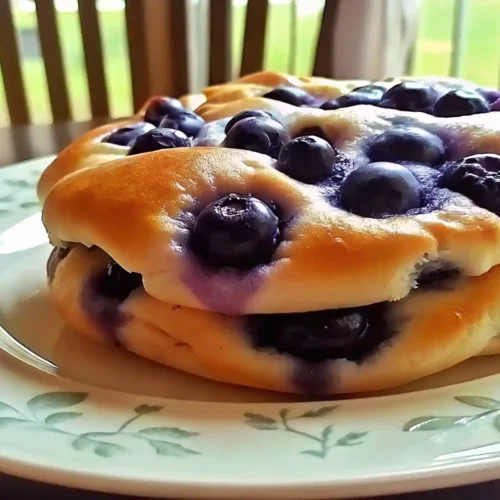 Blueberry cottage cheese cloud breads stacked on a white floral plate.