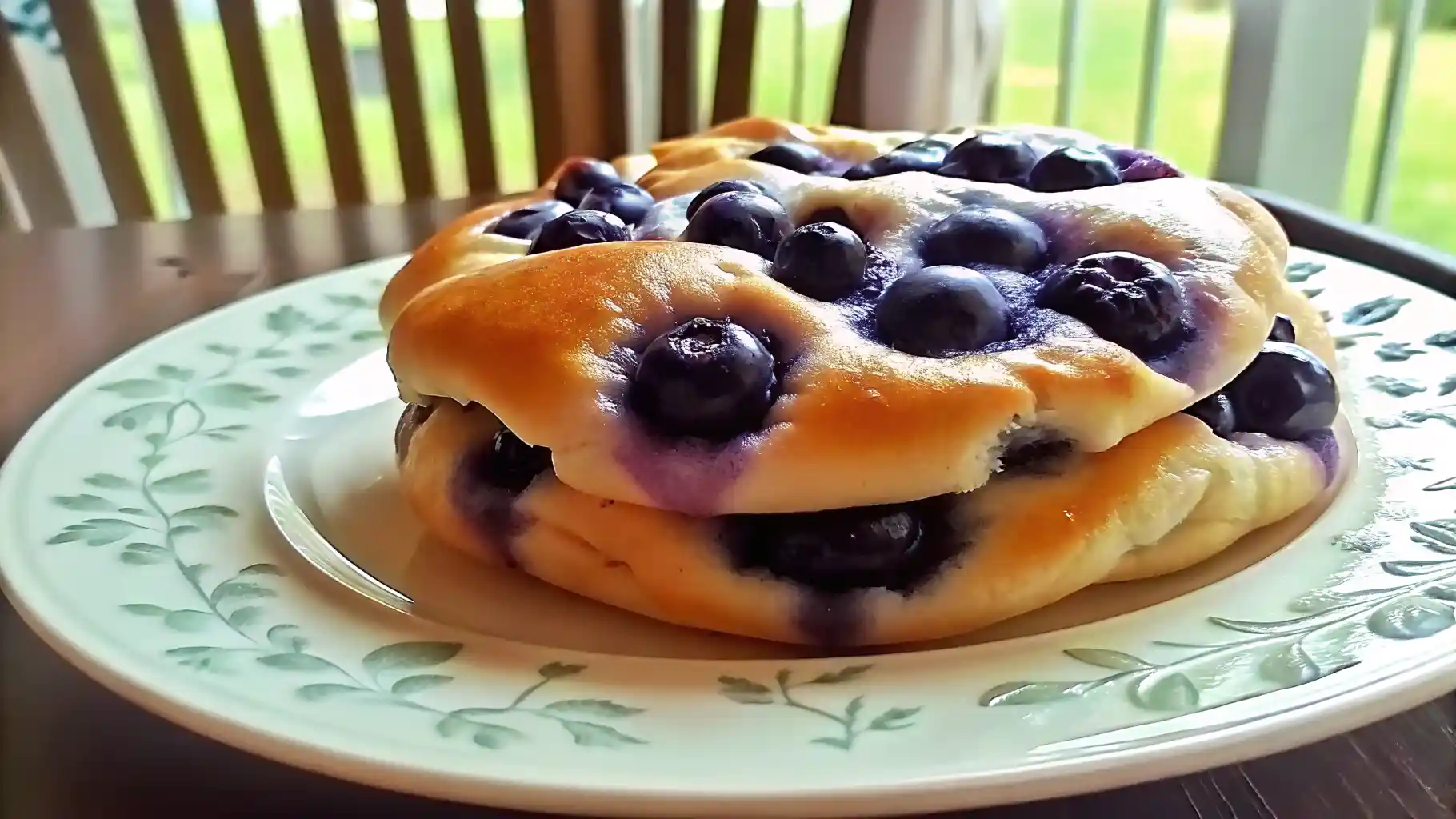 Blueberry cottage cheese cloud breads stacked on a white floral plate.