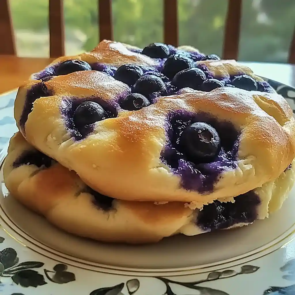 Fluffy blueberry cottage cheese cloud bread stacked on a floral-patterned plate.