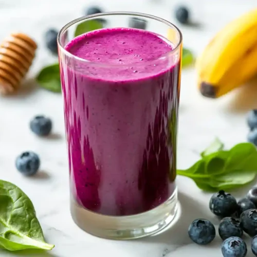 A glass of vibrant blueberry smoothie surrounded by fresh bananas, blueberries, spinach leaves, and honey on a marble surface.