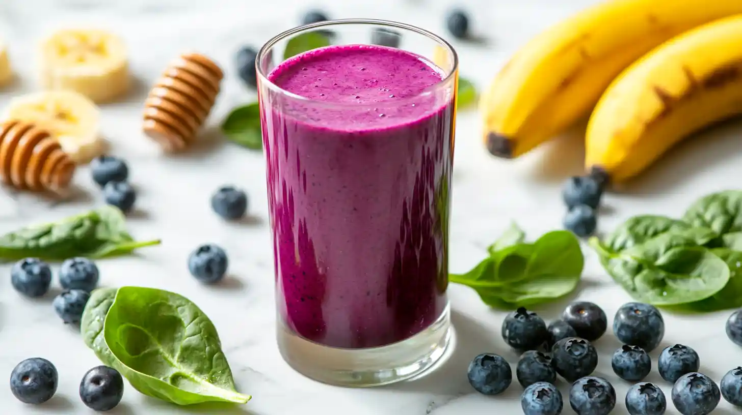 A glass of vibrant blueberry smoothie surrounded by fresh bananas, blueberries, spinach leaves, and honey on a marble surface.