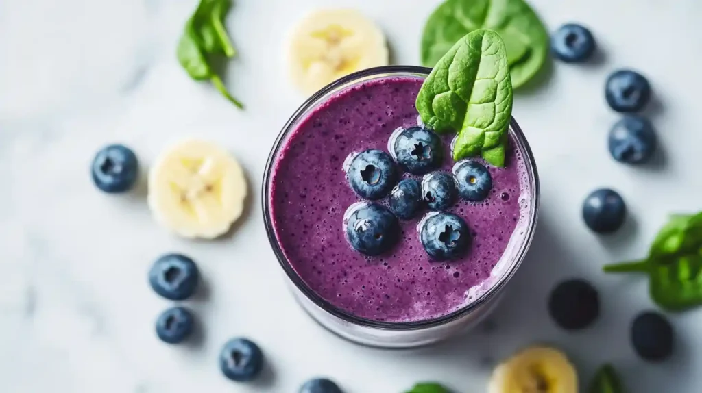 Top-down view of a vibrant blueberry smoothie garnished with fresh blueberries and a spinach leaf, surrounded by banana slices and spinach.