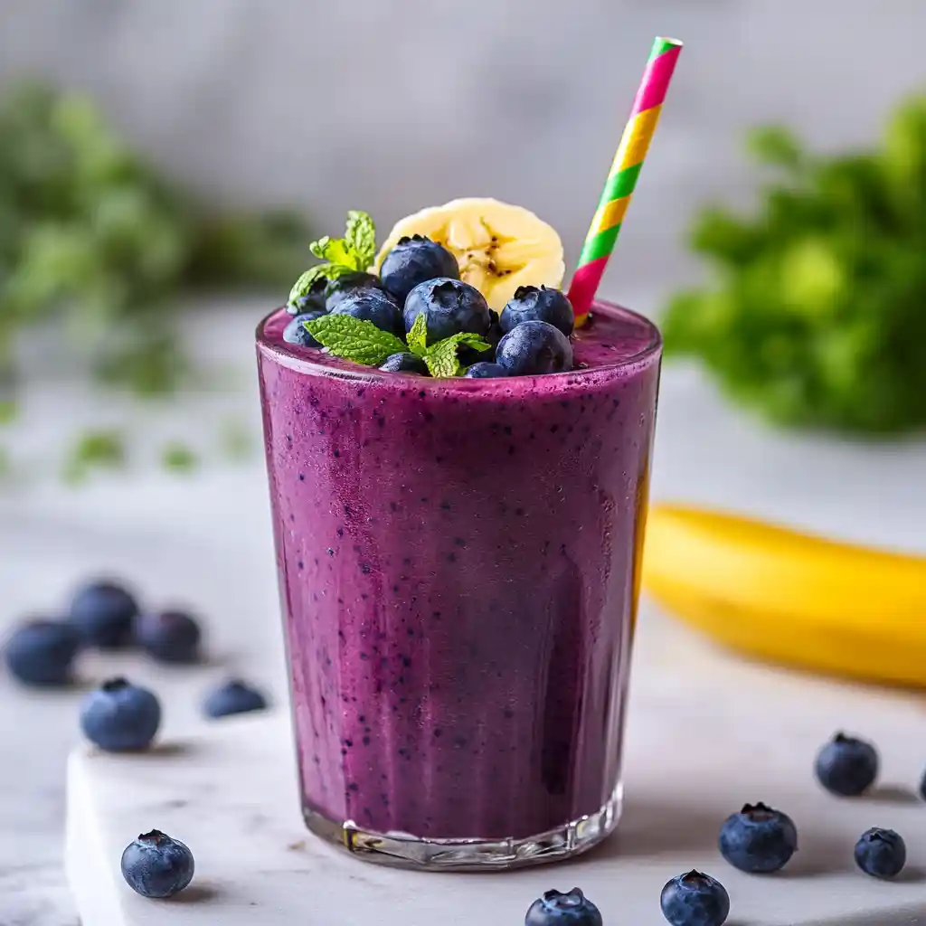 A glass of thick blueberry smoothie topped with fresh blueberries, banana slice, mint leaves, and a colorful striped straw.