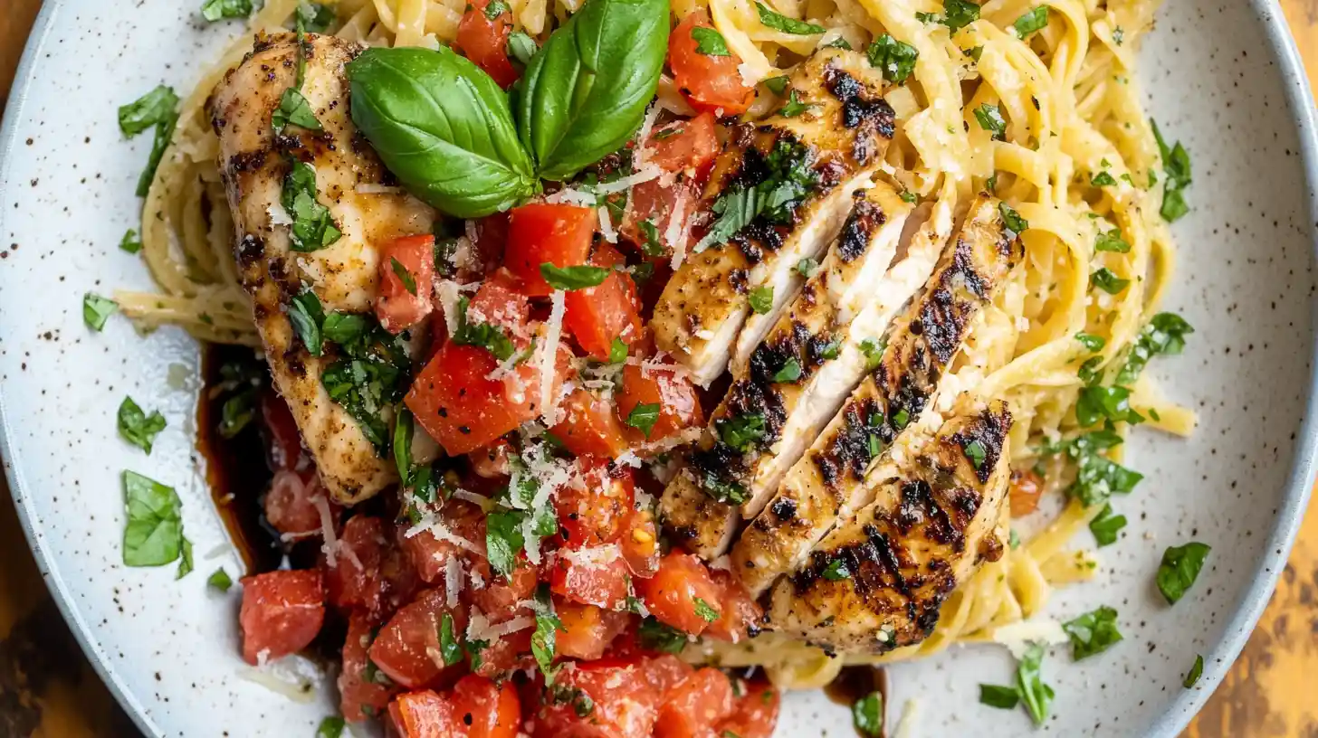 Top-down view of Bruschetta Chicken Pasta with grilled chicken, fresh tomato bruschetta, pasta, and basil garnish.