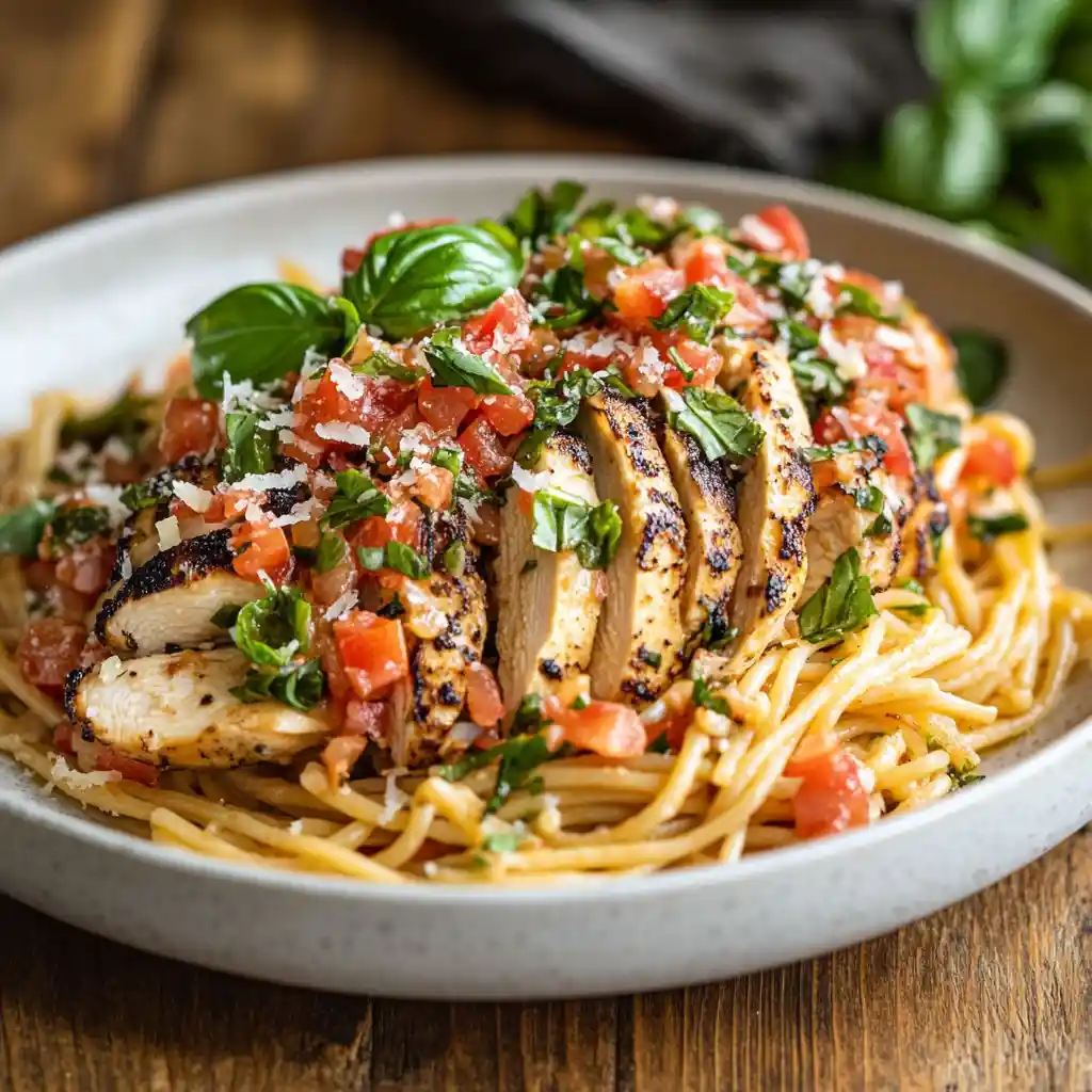 Side view of Bruschetta Chicken Pasta with grilled chicken slices, diced tomatoes, basil, and grated cheese over spaghetti noodles.