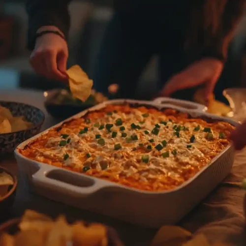 People dipping chips into a hot, cheesy buffalo chicken dip in a white baking dish, surrounded by celery and chips at a cozy indoor gathering.