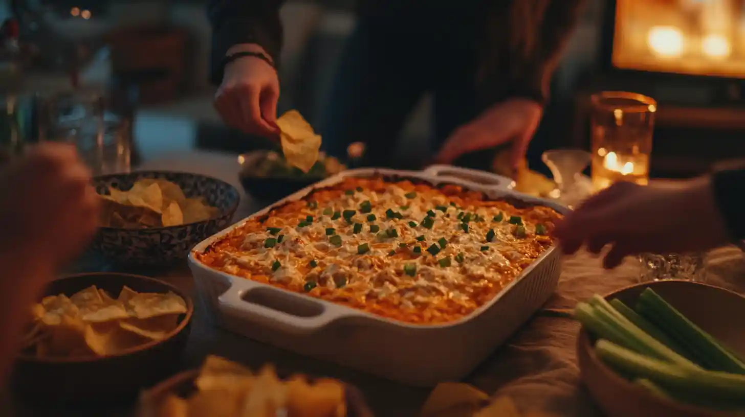 People dipping chips into a hot, cheesy buffalo chicken dip in a white baking dish, surrounded by celery and chips at a cozy indoor gathering.