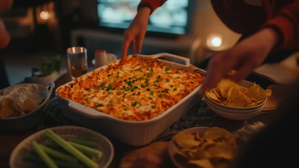 Hands reaching for chips to dip into a bubbling buffalo chicken dip in a white dish, surrounded by snacks and celery at a cozy indoor gathering.