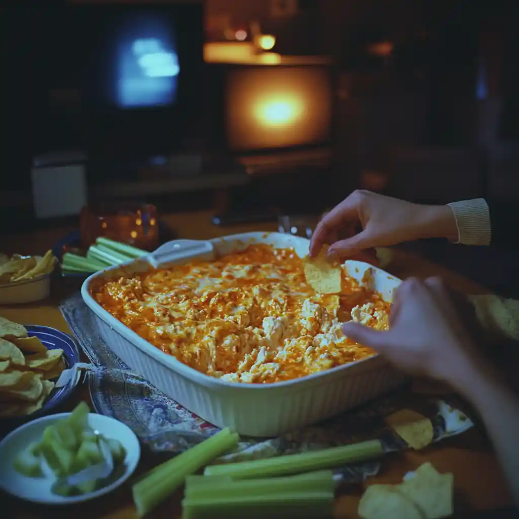 Hands dipping tortilla chips into a warm, cheesy buffalo chicken dip in a white dish, surrounded by celery and snacks in a dimly lit living room.