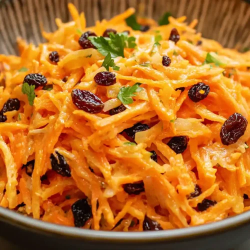 Creamy carrot raisin salad with shredded carrots, plump raisins, and a light dressing served in a patterned ceramic bowl.