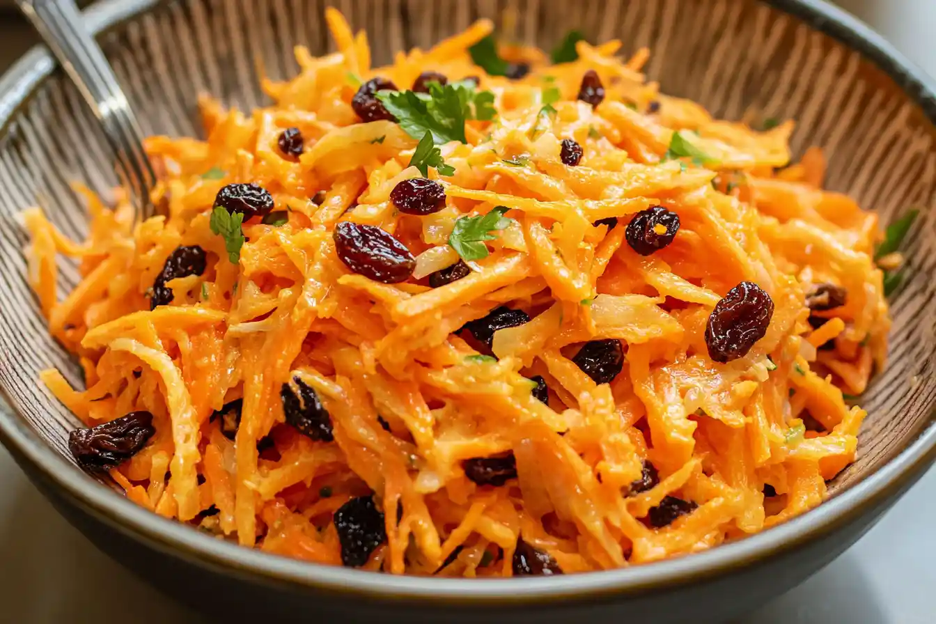 Creamy carrot raisin salad with shredded carrots, plump raisins, and a light dressing served in a patterned ceramic bowl.