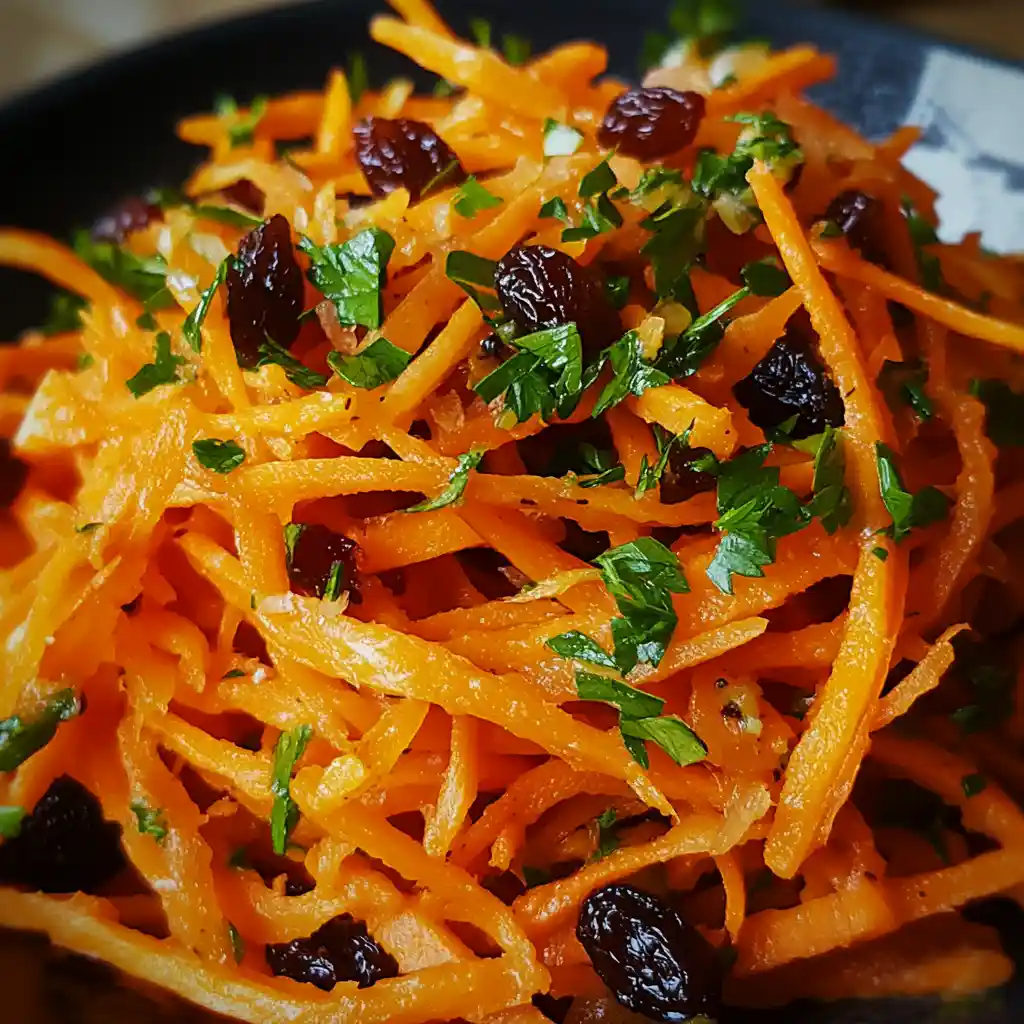 Fresh carrot raisin salad with shredded carrots, raisins, and chopped parsley served in a dark bowl.