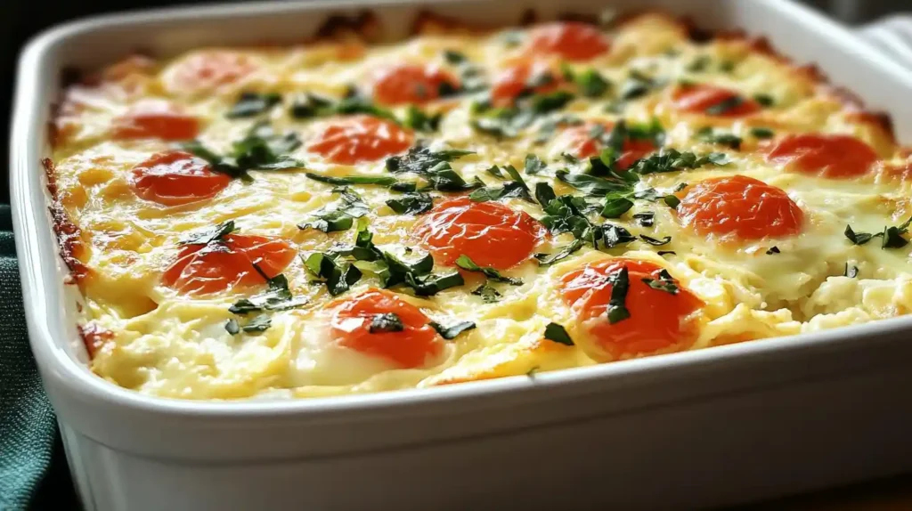 Cottage cheese egg bake with roasted cherry tomatoes and fresh herbs in a white ceramic baking dish.