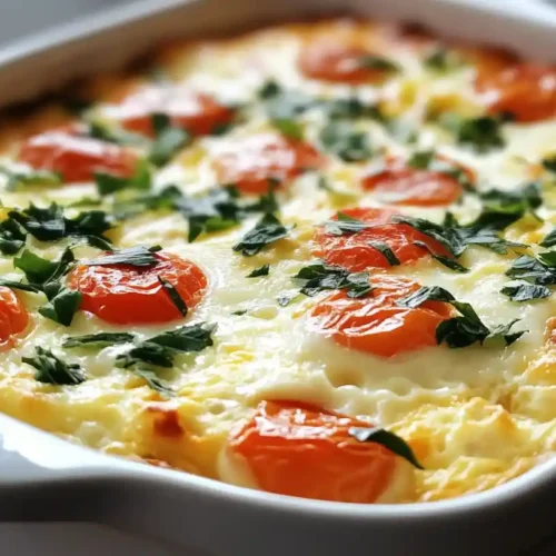 Baked egg casserole with cherry tomatoes, fresh herbs, and cottage cheese in a white baking dish.