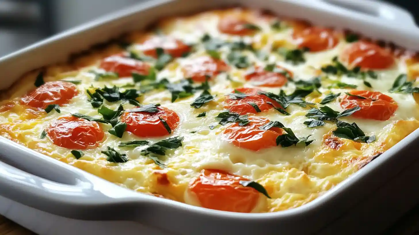 Baked egg casserole with cherry tomatoes, fresh herbs, and cottage cheese in a white baking dish.