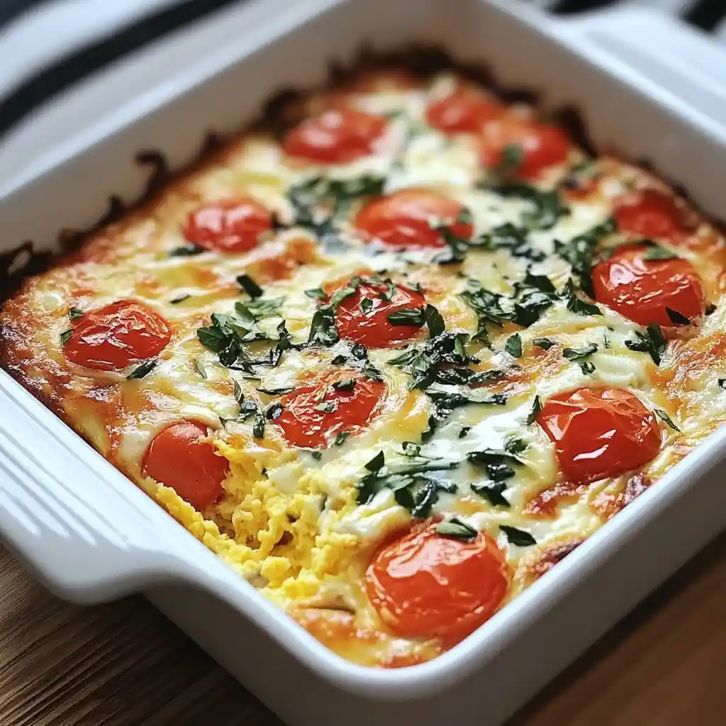 Cottage cheese egg bake with roasted cherry tomatoes and chopped herbs in a white square baking dish.