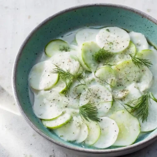 Bowl of creamy cucumber salad garnished with fresh dill and black pepper.