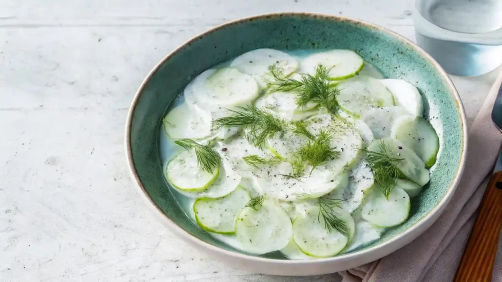 Creamy cucumber salad with dill in a blue bowl on a white surface.