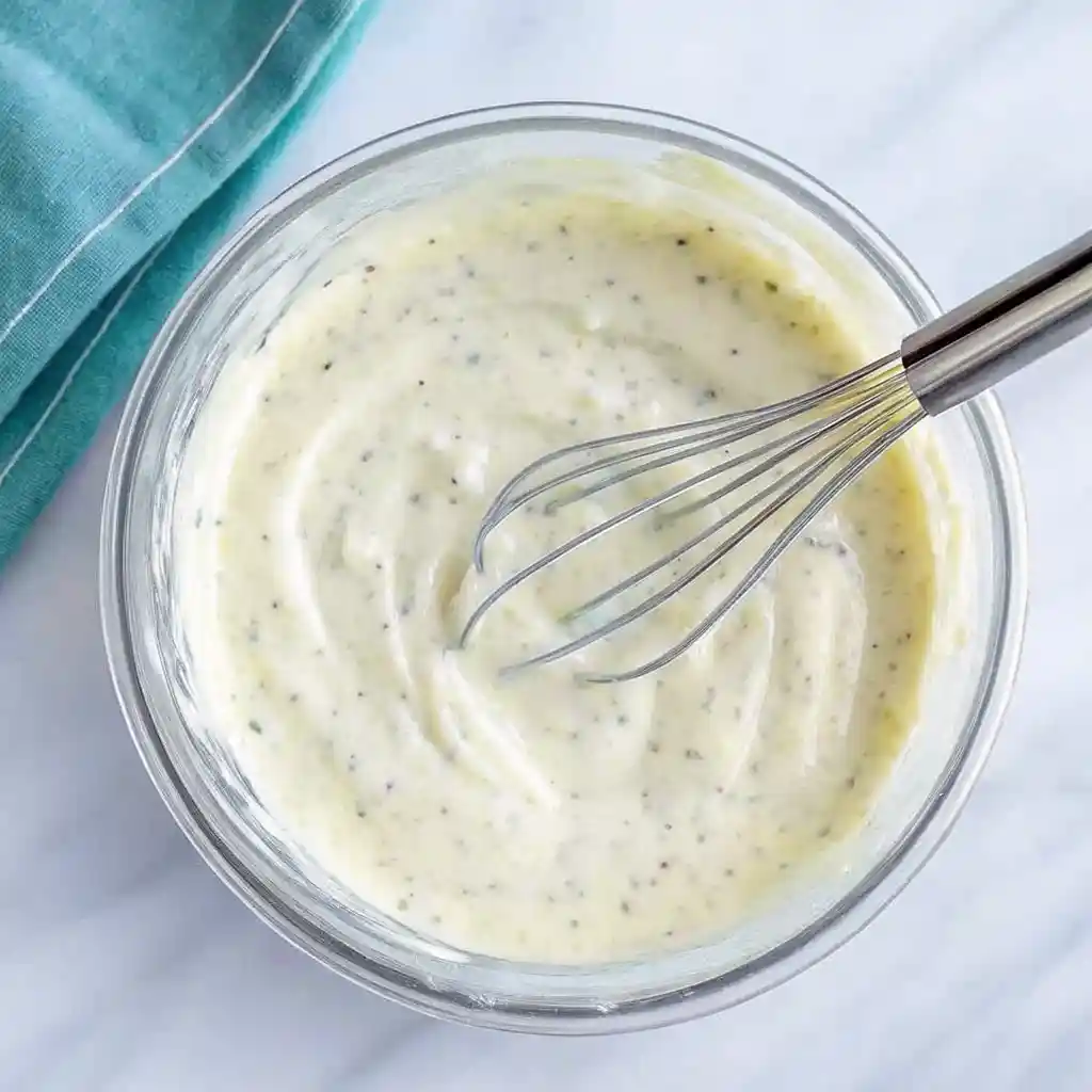 Creamy herb dressing being whisked in a glass bowl on a marble surface.