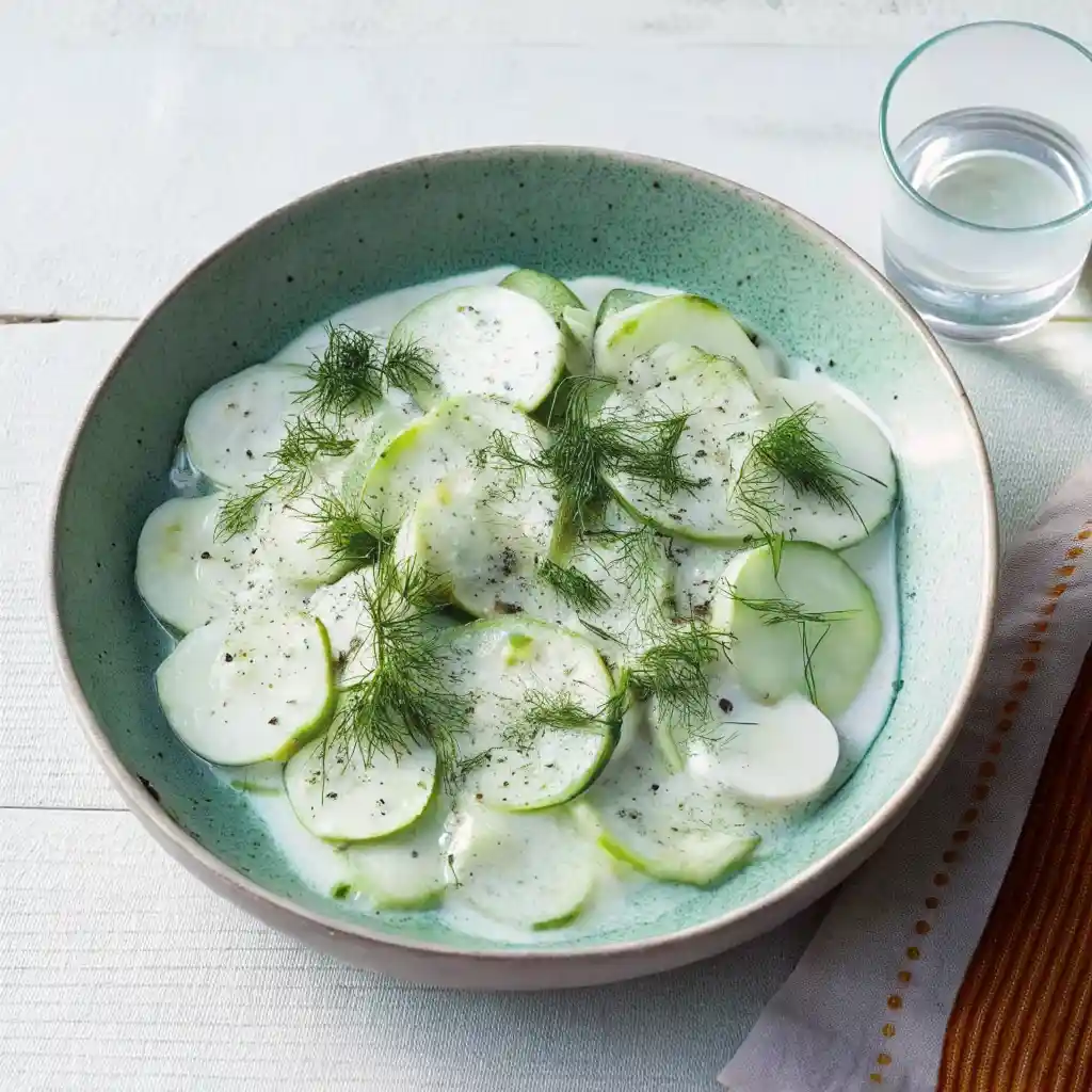 Bowl of creamy cucumber salad garnished with fresh dill on a light surface.