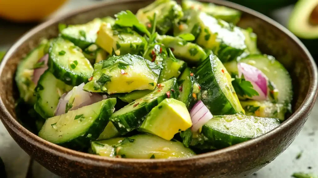 Cucumber avocado salad with red onion, cilantro, and chili flakes in a rustic brown bowl.