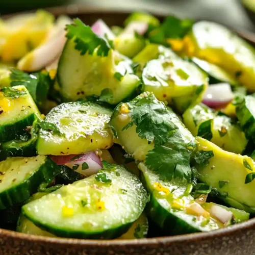 Fresh cucumber avocado salad with red onion and cilantro in a brown bowl, seasoned with black pepper and a light vinaigrette.