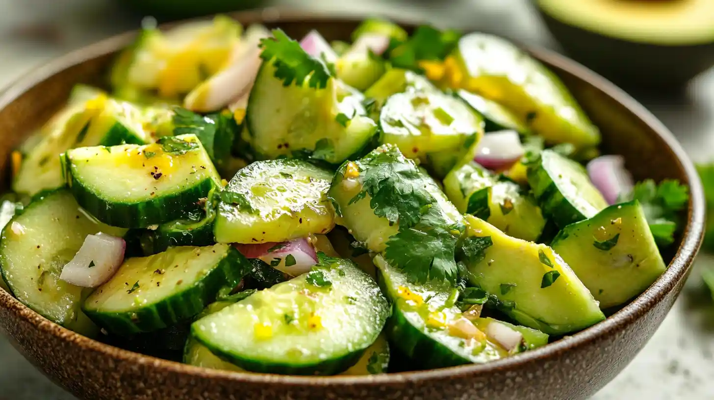 Fresh cucumber avocado salad with red onion and cilantro in a brown bowl, seasoned with black pepper and a light vinaigrette.