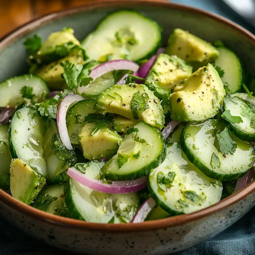 Fresh cucumber avocado salad with red onion, cilantro, and black pepper in a ceramic bowl.