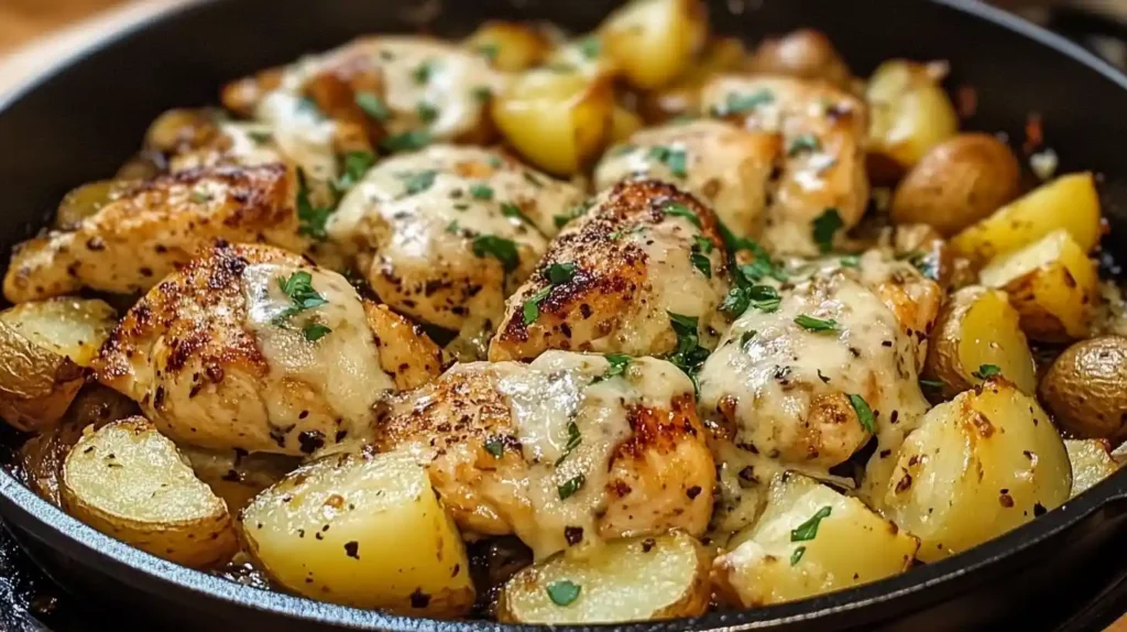 Skillet-baked garlic Parmesan chicken with golden roasted potatoes and fresh parsley.