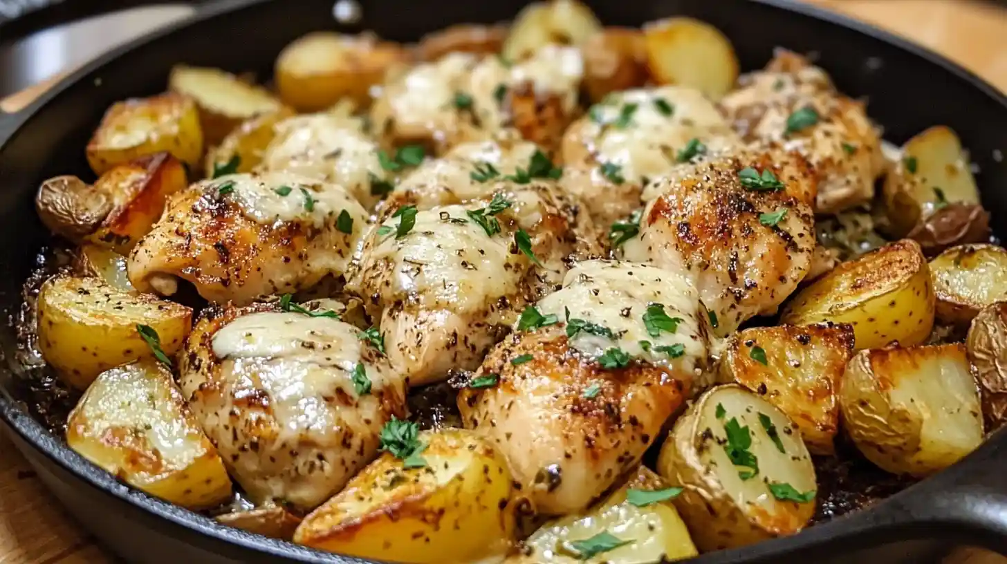 Garlic Parmesan chicken thighs with roasted baby potatoes in a skillet, garnished with parsley.