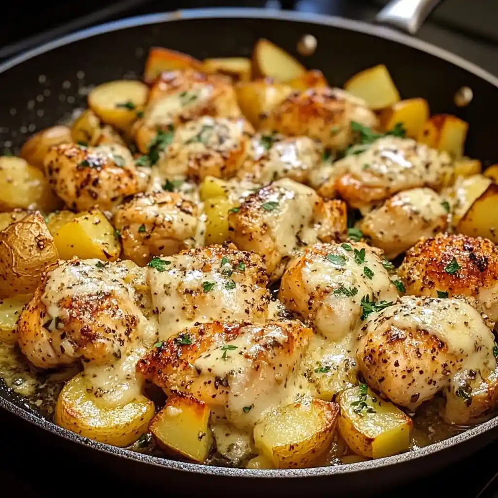 Golden garlic Parmesan chicken with roasted potatoes in a skillet, topped with melted cheese and herbs.