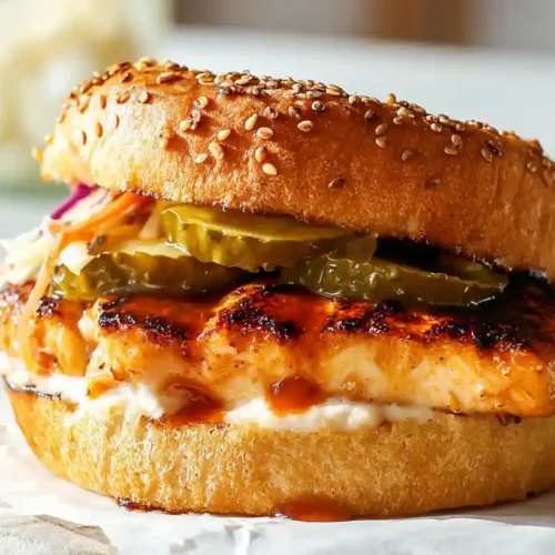 Grilled chicken sandwich with spicy mayo, slaw, and pickles on a sesame bun