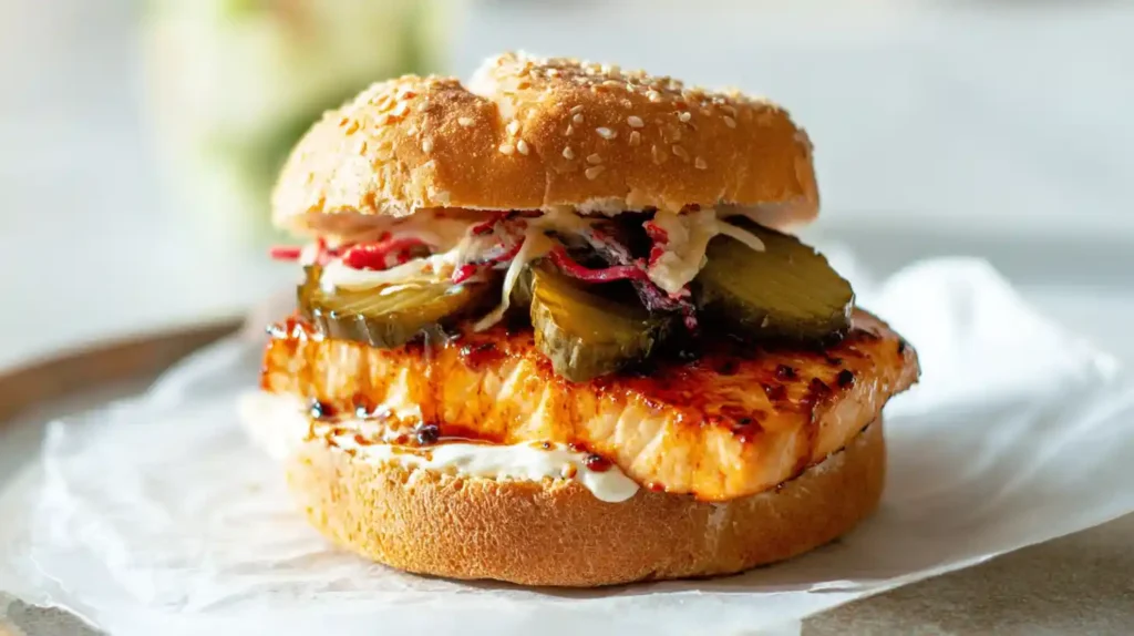 Grilled chicken sandwich with char marks, pickles, creamy mayo, and slaw on a sesame seed bun