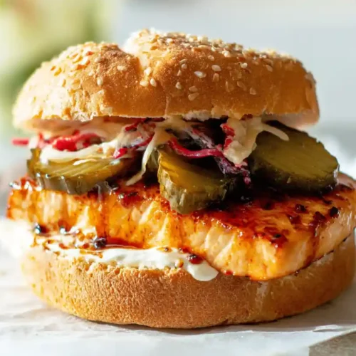 Grilled chicken sandwich with char marks, pickles, creamy mayo, and slaw on a sesame seed bun