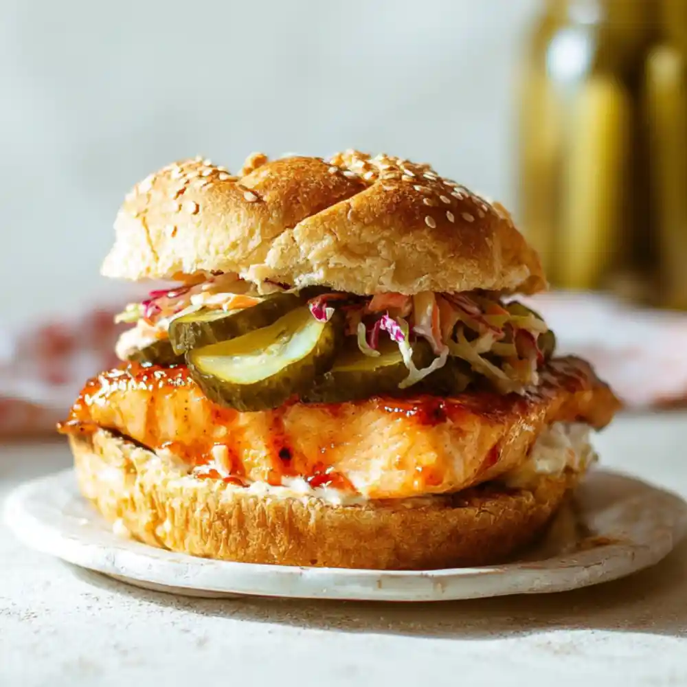 Grilled chicken sandwich with coleslaw and pickle chips on a sesame bun, served on a ceramic plate