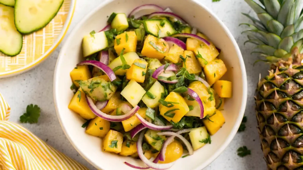 A vibrant pineapple cucumber salad with red onion and fresh herbs in a white bowl.