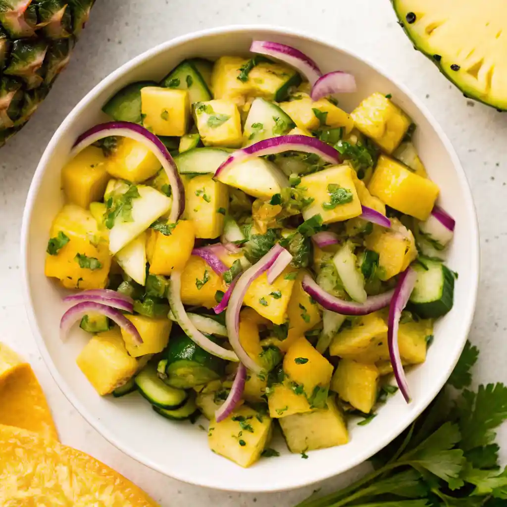 Bowl of pineapple cucumber salad with red onion and herbs on a white table.