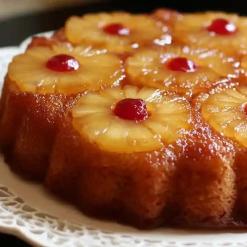 Golden pineapple upside-down cake topped with glazed pineapple rings and cherries on a decorative white plate.