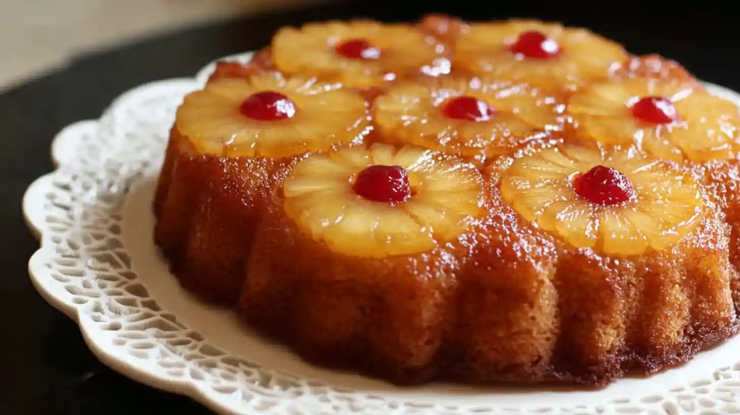 Golden pineapple upside-down cake topped with glazed pineapple rings and cherries on a decorative white plate.