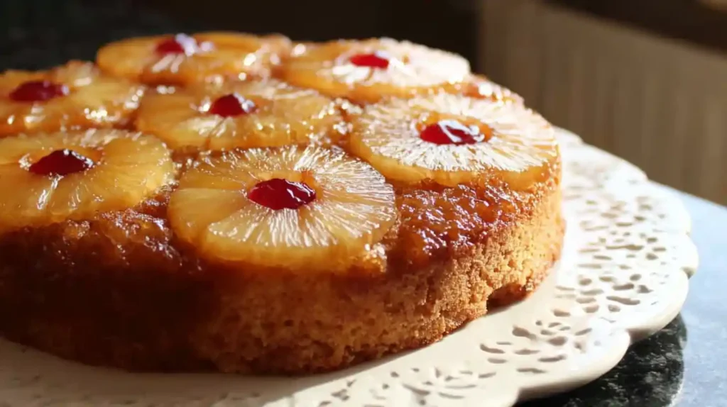 Homemade pineapple upside-down cake with glazed fruit and golden crumb on a lace-patterned white plate.