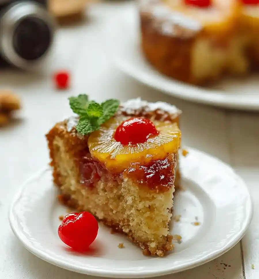 A slice of pineapple upside-down cake with cherry topping, served on a white plate with a mint garnish and an extra cherry.